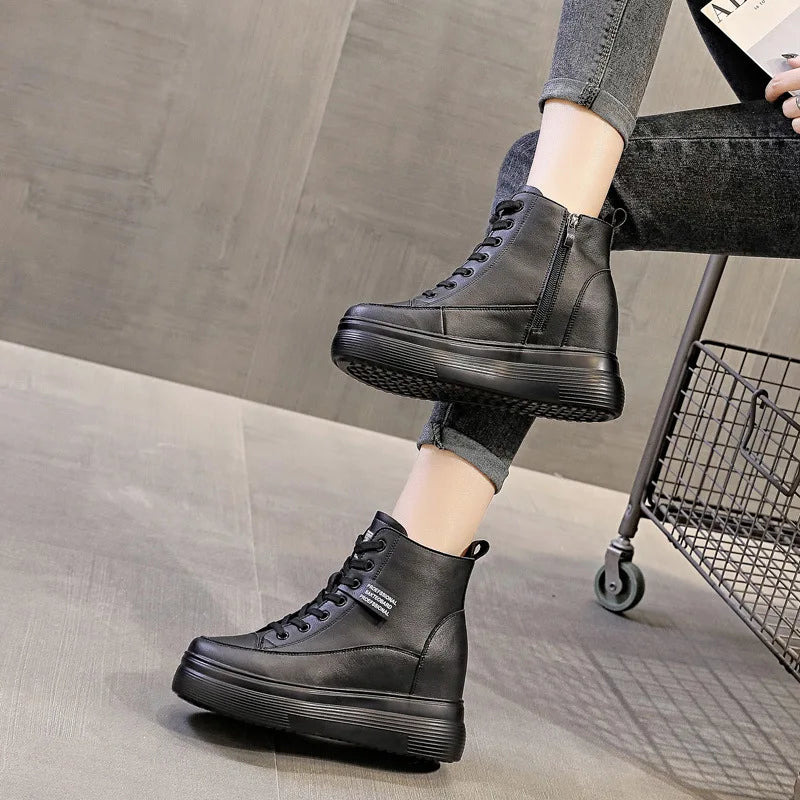Fujin 8cm Platform Wedge Sneakers Women Shoes Genuine Leather Lace Up Spring Autumn Winter Shoes Winter Shoes Soft Leather Punk