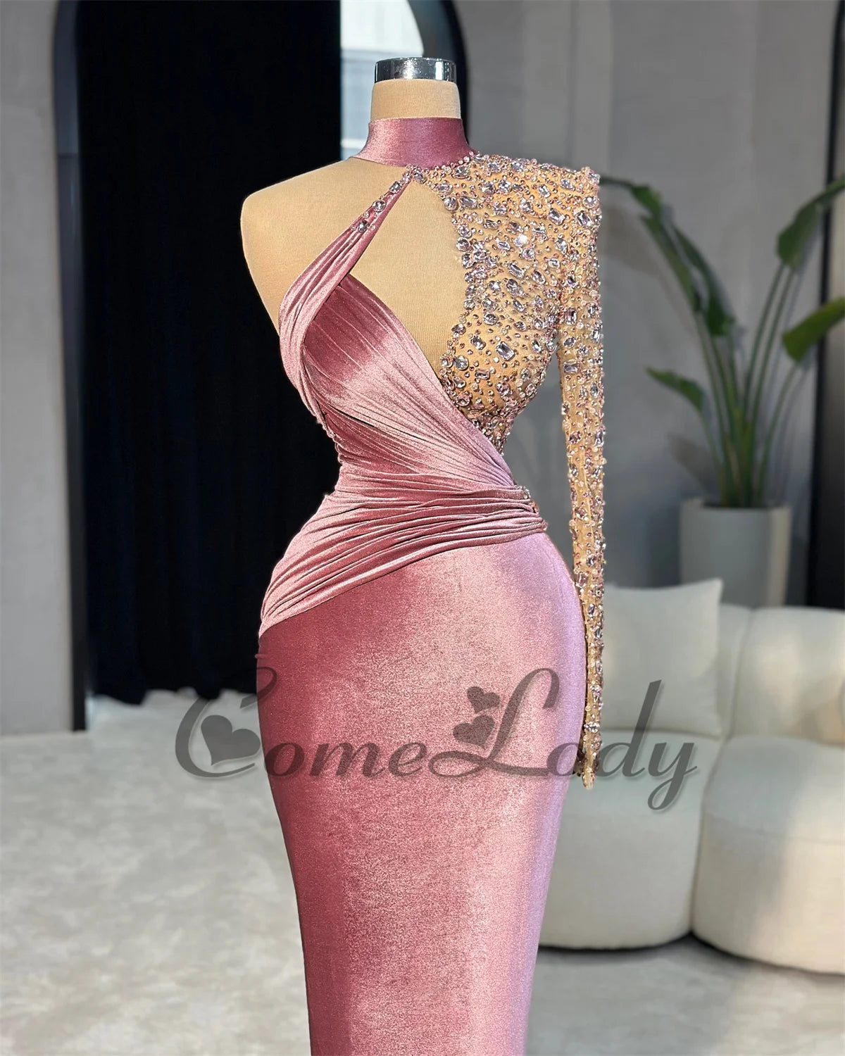 Comelody Chic Graduation Dresses High Neck One-Shoulder Rhinestones Pleat Novelty Woman Dress Vestidos De Gala Customized