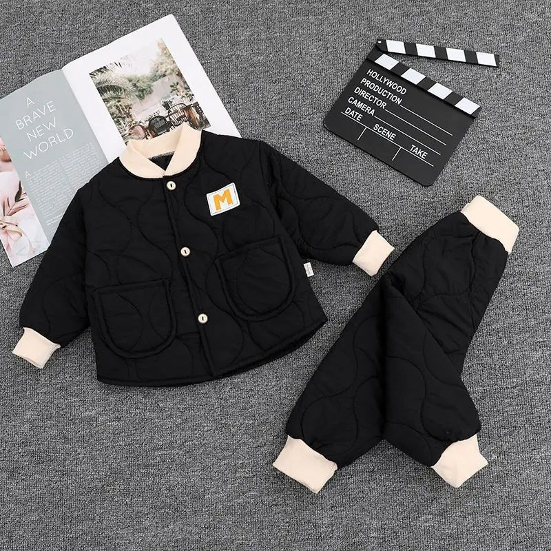 Children's Winter Padded Clothes Suit Boys Girls hooded Thickened Cotton Quilted Trousers0-5T Baby Home Service 2-Piece Set