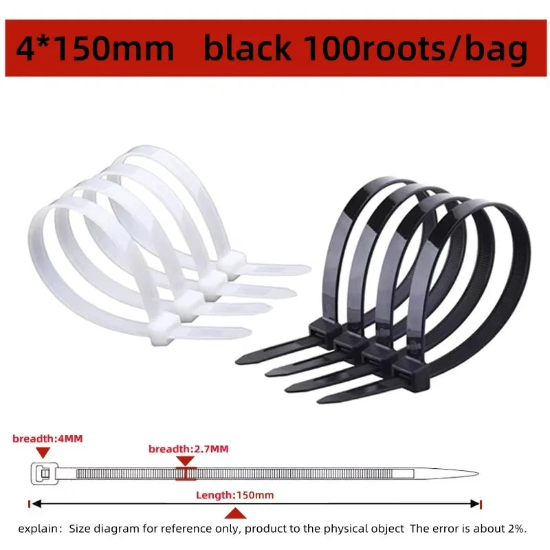 100PCS Plastic Nylon Cable Ties Self-locking Cord Ties Straps Adjustable Cables Fastening Loop Home Office Wire Zip Ties