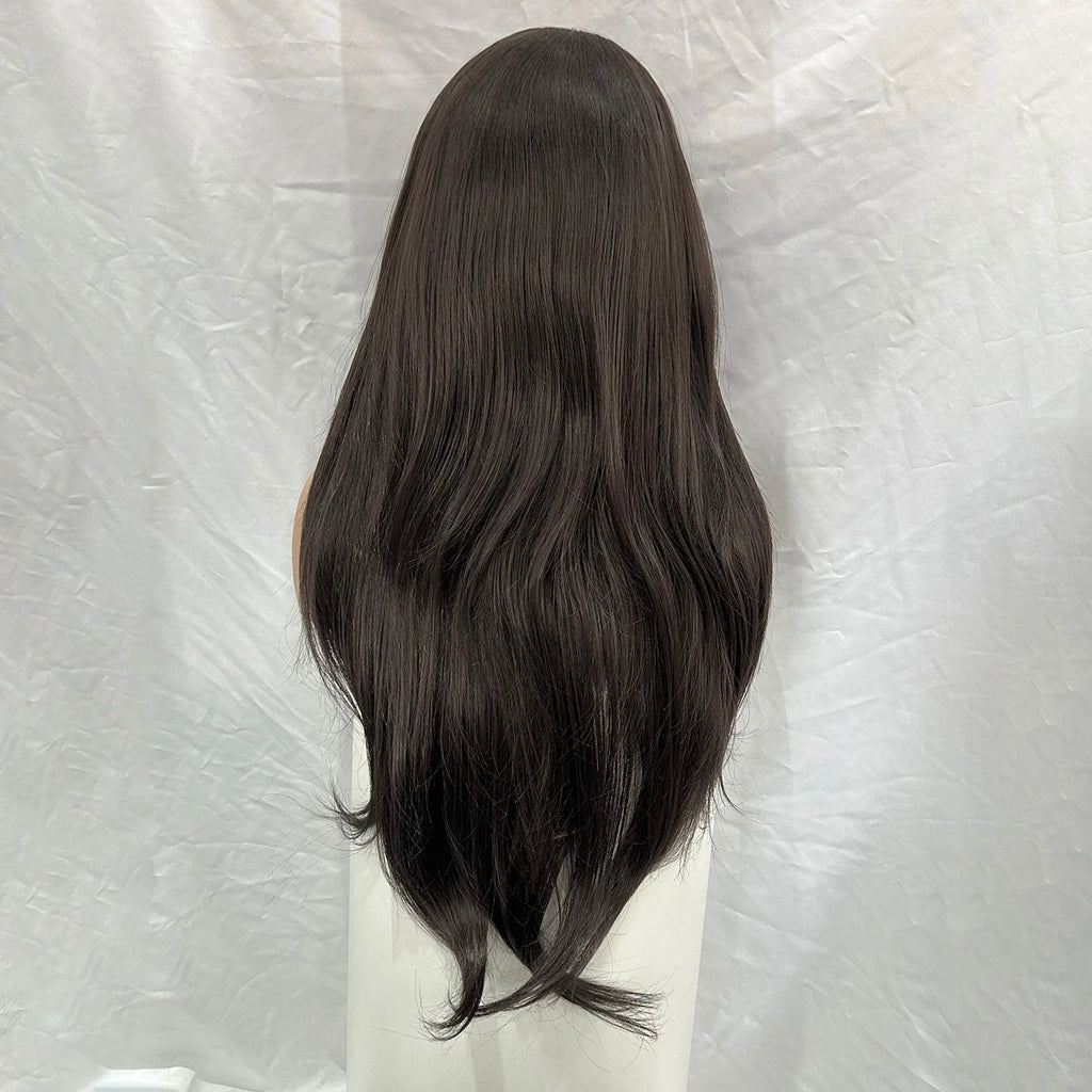 Dark Brown Long Layered Wavy Wigs for Women Free Part Natural Black Curly Synthetic 13X4 Lace Frontal Brunette Wig Daily Party
