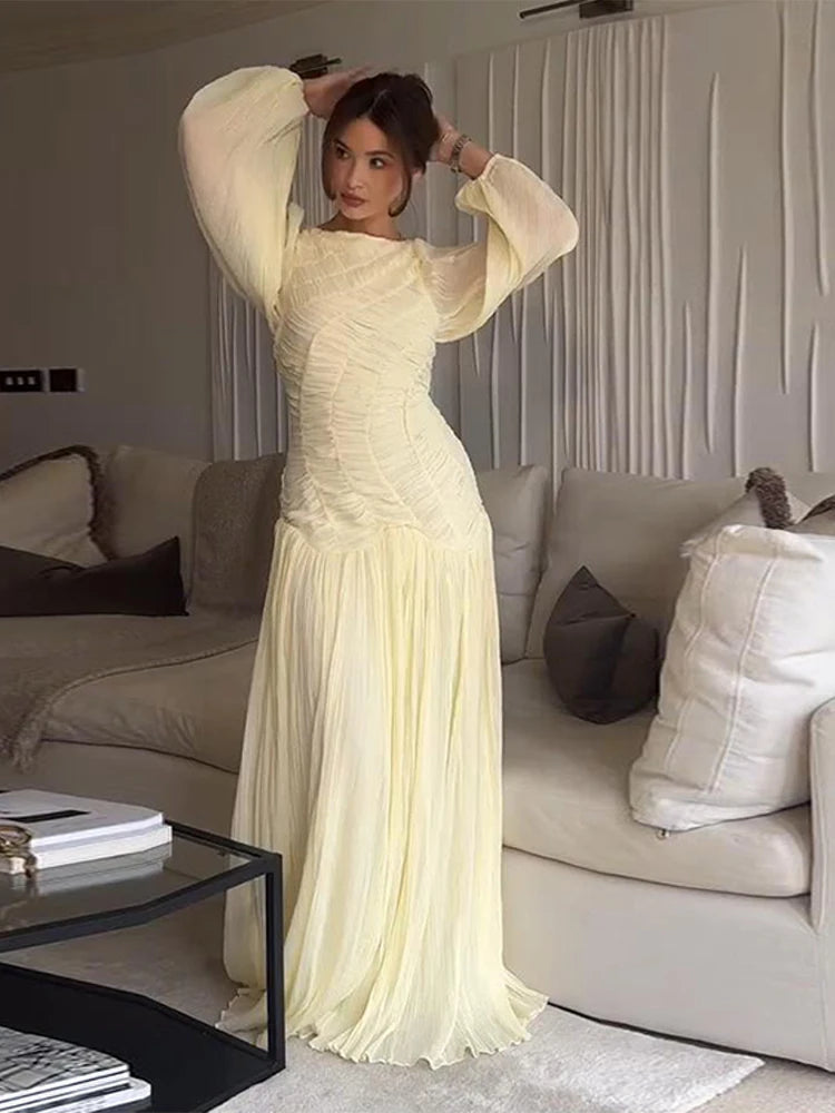 Elegant Pleated Long Lantern Sleeve Long Dress Women O-neck Folds Loose Holiday Beach Dresses 2025 Summer Commute Chic Vestidos