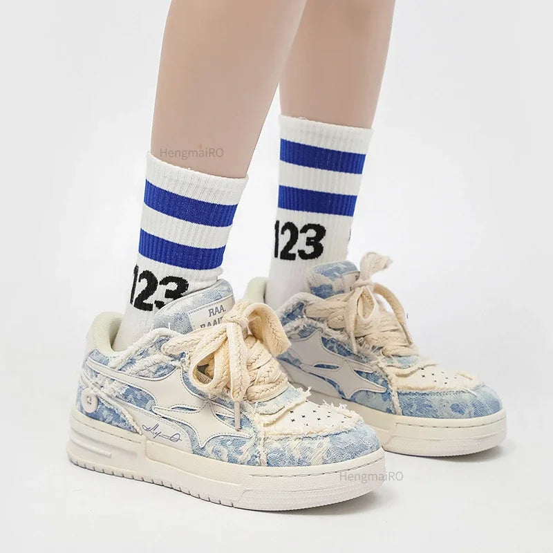 Women Sneakers Man Retro Star Y2K White Leatther Punk Rap Street Shoes for Male Fashion Skate Shoes Couple Casual Shoes Tennis