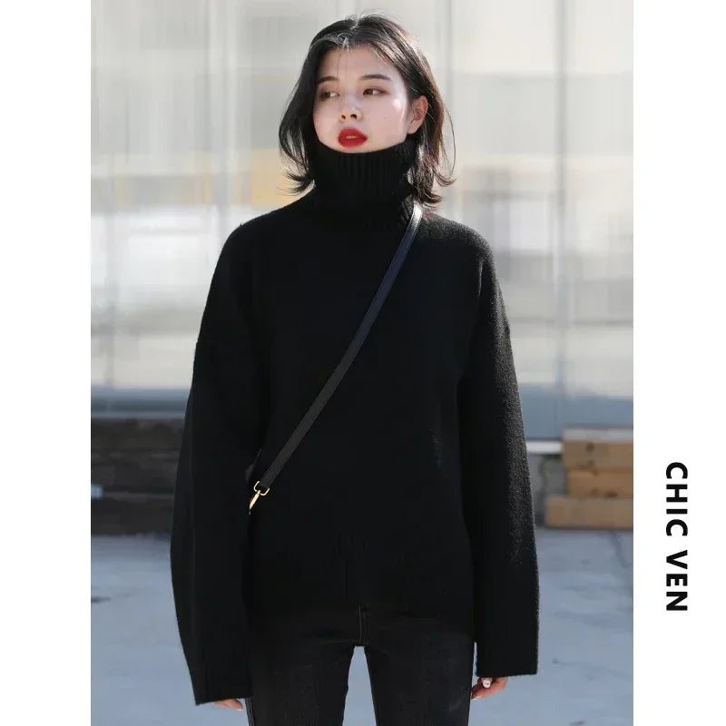 CHIC VEN Korean Women's Sweater Loose Turtleneck Sweaters Warm Solid Pullover Knitwear Basic Female Tops Autumn Winter 2026