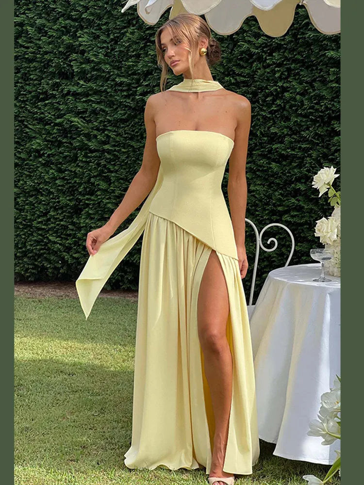 Butter Yellow Mesh Splicing Long Dress Elegant Strapless Split Backless Pleated Gowns For Women 2026 Lady Evening Party Gowns