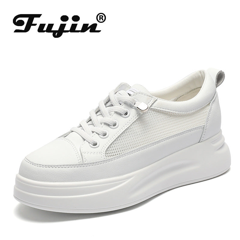 Fujin 4.5cm Genuine Leather Women Shoes Platform Flats Breathable Women Mesh Shoes White Sneakers Spring Autumn Summer Shoes