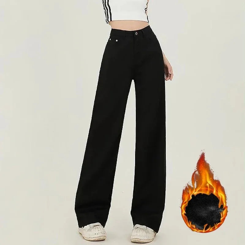 Winter Korean Fleece Thermal Straight Women's Jeans Girls Snow Warm Casual High Waist Denim Pants Lady Daily Loose Leg Trousers
