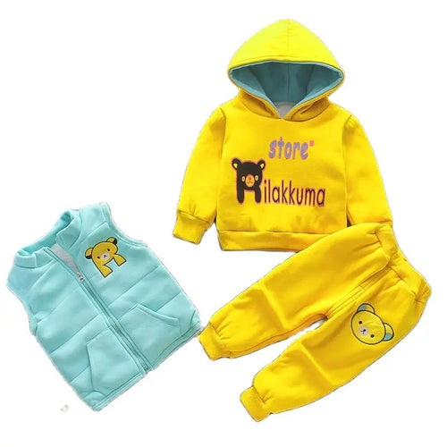 2026 New Baby Boys Girls Christmas Cartoon Winter Hooded Plush Warm Vest Coat+Sweatshirt+Pants 3Pcs Infant Children Sports Suit