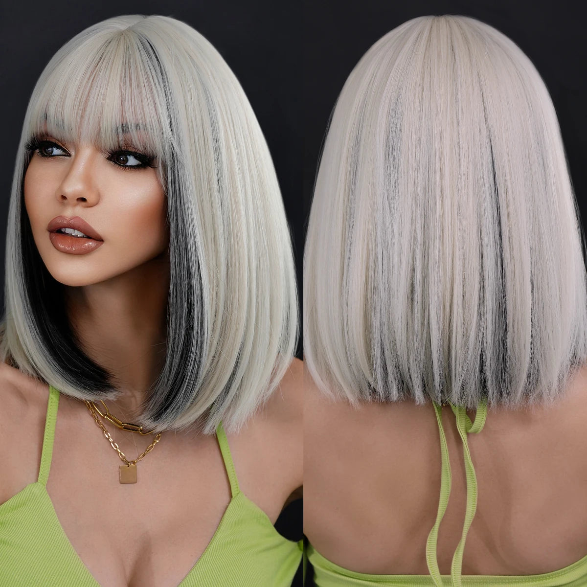 7JHH WIGS Short Bob Wig Ombre Blonde Wig for Women Daily Party Natural Synthetic Hair Wig with Bangs Heat Resistant Fiber
