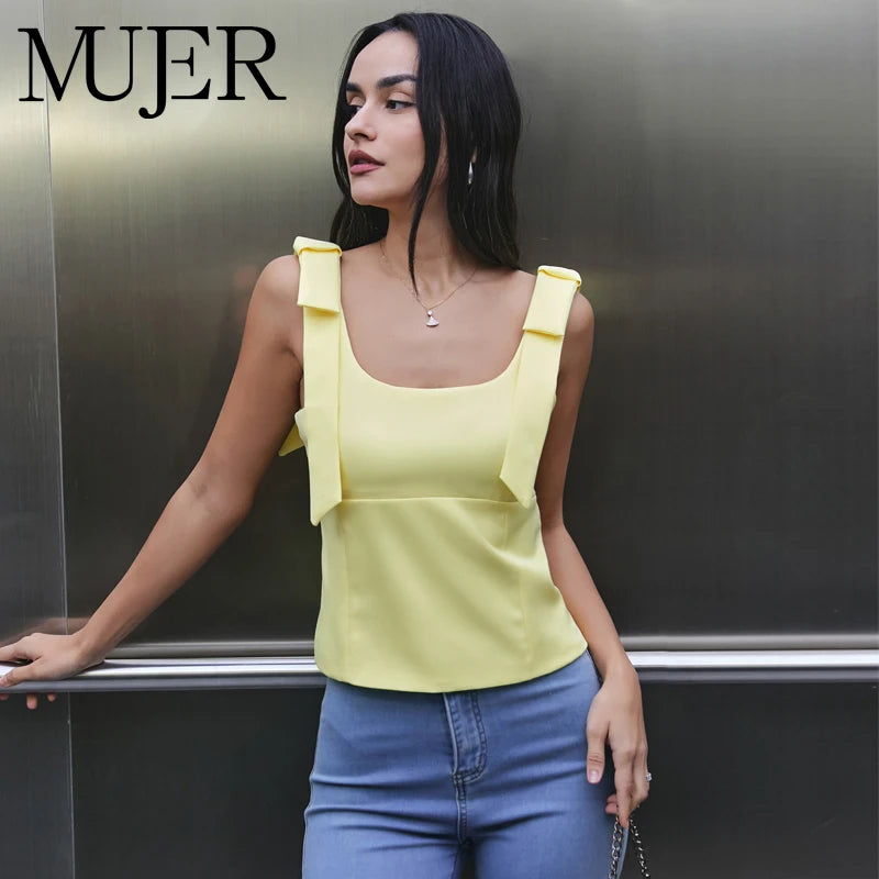 MUJER White Bow Crop Top Woman Sexy Backless Bustier Tops for Women Summer Camisole Sleeveless Tops Women Strap Short Tops Woman