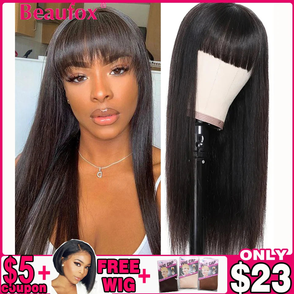 Beaufox Brazilian Straight Human Hair Wigs With Bangs Remy Full Machine Made Human Hair Wigs For Women 8-28 Inch Fringe Wig