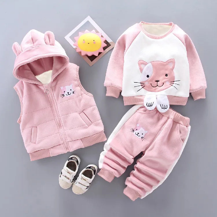 Children's Winter Padded Clothes Suit Boys Girls hooded Thickened Cotton Quilted Trousers0-5T Baby Home Service 2-Piece Set