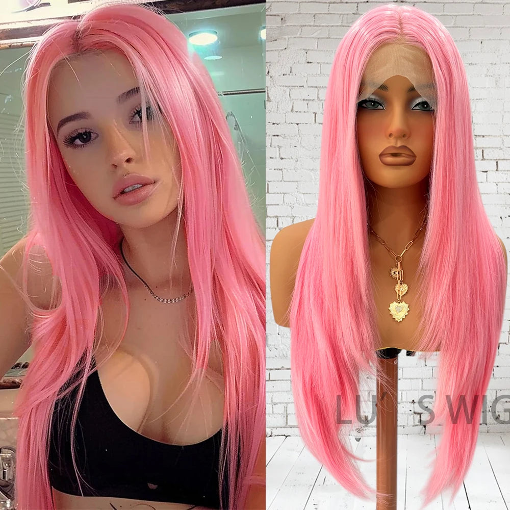Pink Wig Long Layered Wig Synthetic Hair Long Natural Straight Layered Lace Wigs for Women Synthetic Frontal Lace Wig Daily Wear