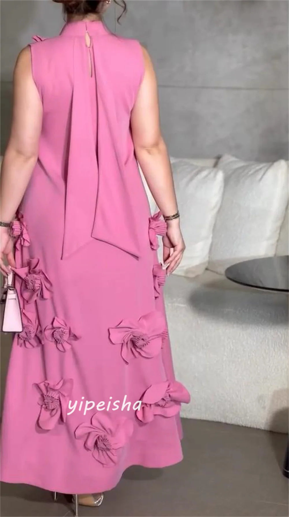 Customized   Jersey Flower Draped Wedding Party A-line High Collar Bespoke Occasion Gown Long Sleeve Dresses