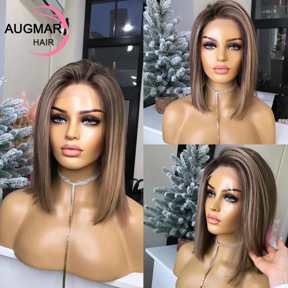 13x4 Brown Bob Wig Lace Front Human Hair Wigs Short Straight 360 13x6 HD Lace Frontal Wig Ash Blonde Highlight Wig Human Hair