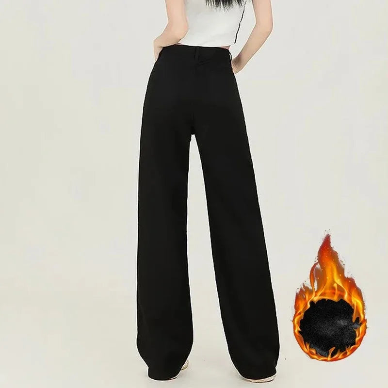 Winter Korean Fleece Thermal Straight Women's Jeans Girls Snow Warm Casual High Waist Denim Pants Lady Daily Loose Leg Trousers