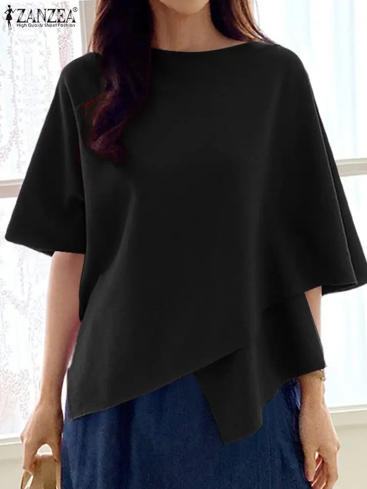 ZANZEA Women Fashion Blouse Chic 3/4 Sleeve Ruffle Hem Top Shirt 2026 Summer Round Neck Loose Blusa Elegant Irregular Work Tunic