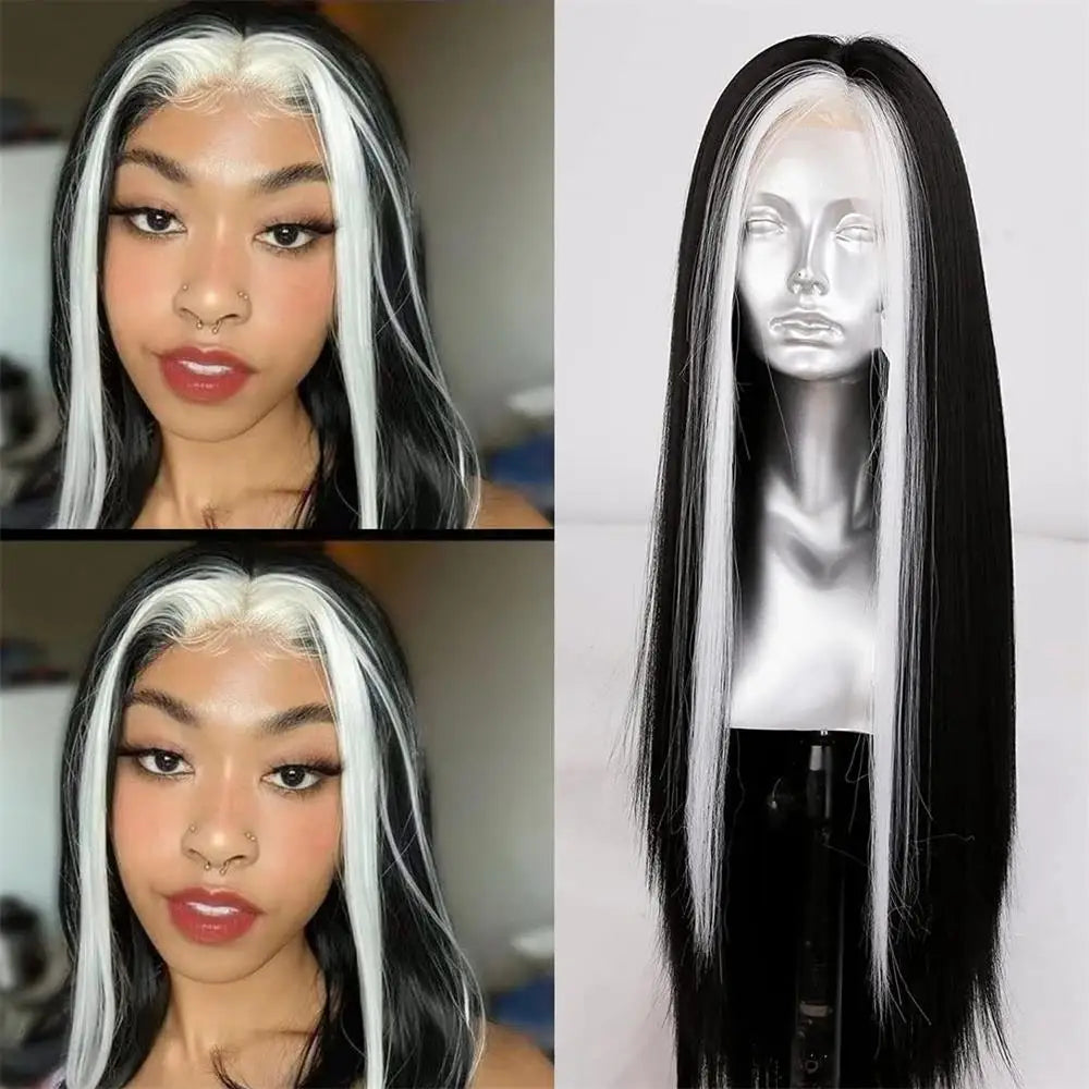 RONGDUOYI Mix Black Wig Synthetic Lace Front Wig For Women Highlights Black/White Hair Long Body Wave Natural Cosplay Daily Wear