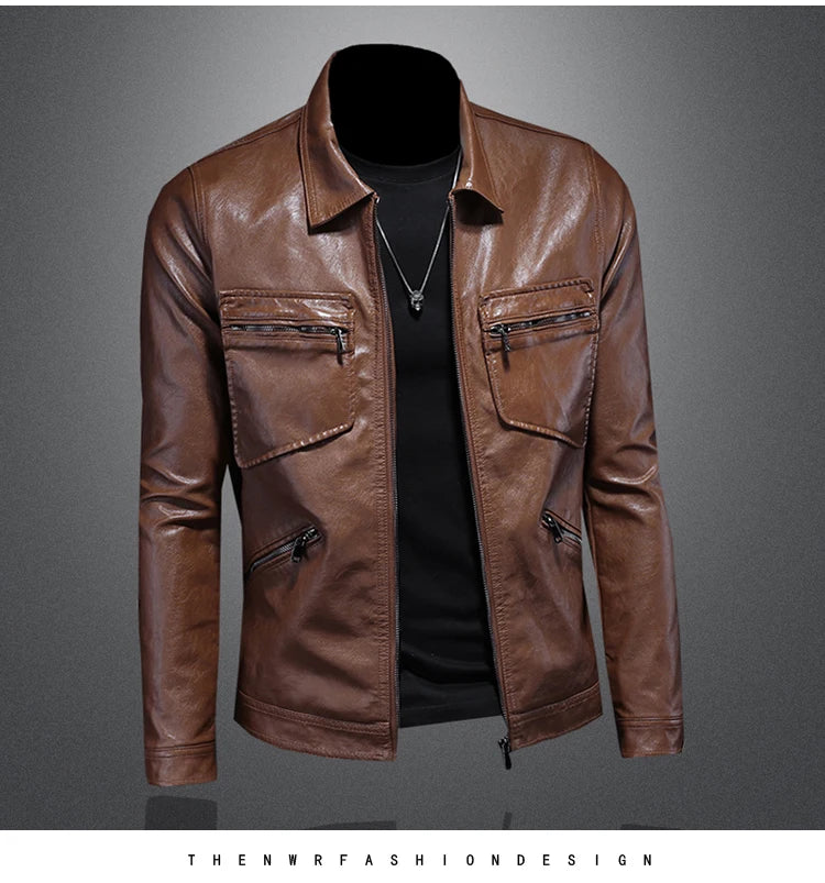 2024 Autumn and Winter New Men's Fashion Handsome Trend Business Leisure Lapel Motorcycle Leather Coat Slim Stylish Man  M-4XL