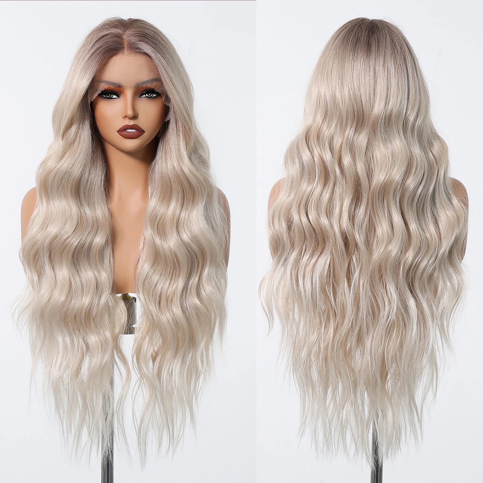 Gray White Highlight Synthetic Wigs 13*6 Transparent Swiss Lace Frontal Wigs Body Wave Long Curly Wigs for Women Elder Mommy Wig