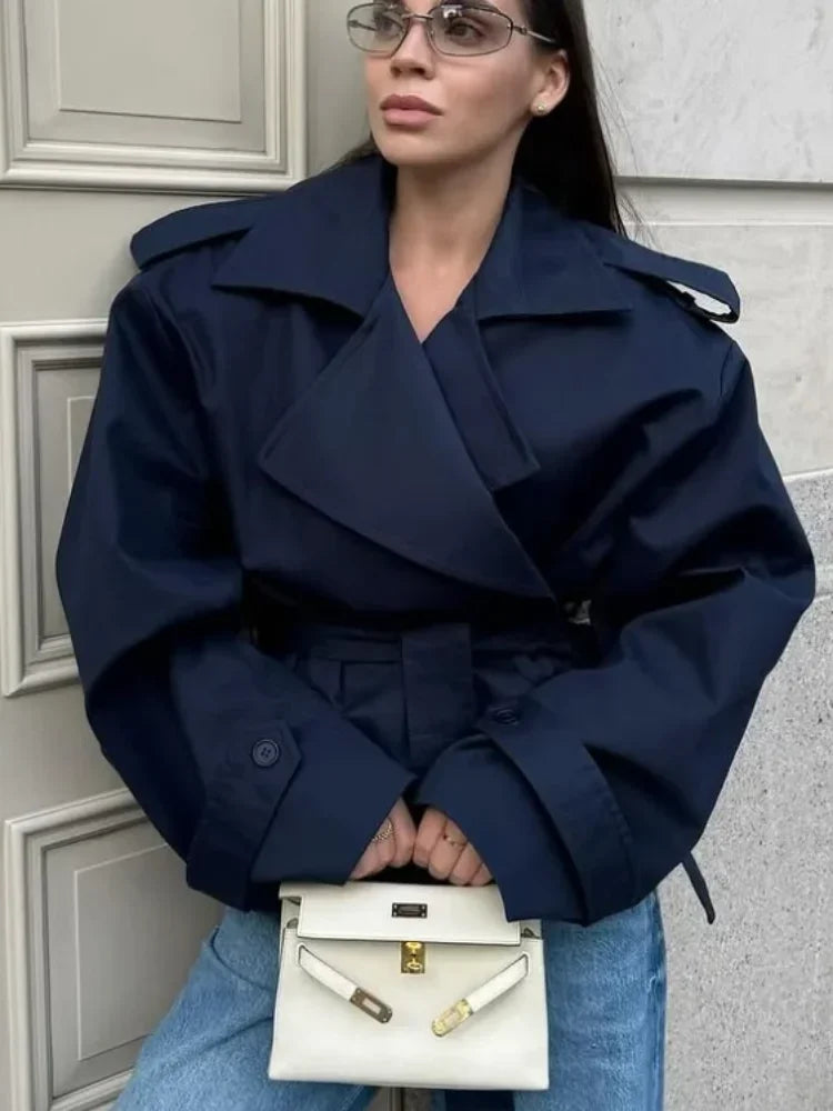 Women Lace Up Loose Trench Coat Fashion Long Sleeves Lapel Wide Shoulder Oversized Windbreaker Lady Commute Street Outerwear