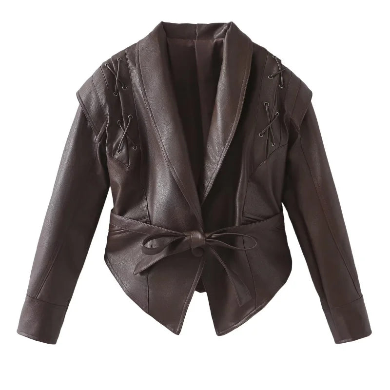 Women Leather Bomber Jackets Coats With Belt Notched Shoulder Pads Motorcycle Street Chic Short Outwear Fashion Solid Lace Up
