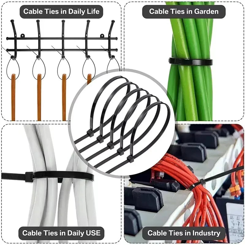 100PCS Plastic Nylon Cable Ties Self-locking Cord Ties Straps Adjustable Cables Fastening Loop Home Office Wire Zip Ties