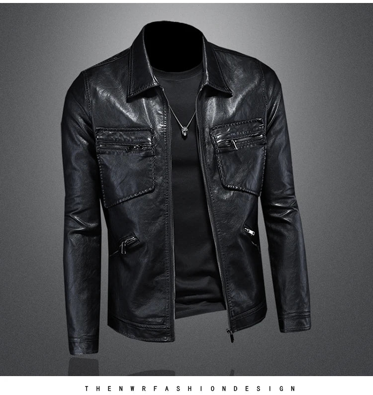 2024 Autumn and Winter New Men's Fashion Handsome Trend Business Leisure Lapel Motorcycle Leather Coat Slim Stylish Man  M-4XL