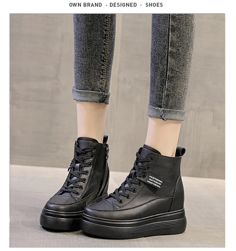 Fujin 8cm Platform Wedge Sneakers Women Shoes Genuine Leather Lace Up Spring Autumn Winter Shoes Winter Shoes Soft Leather Punk