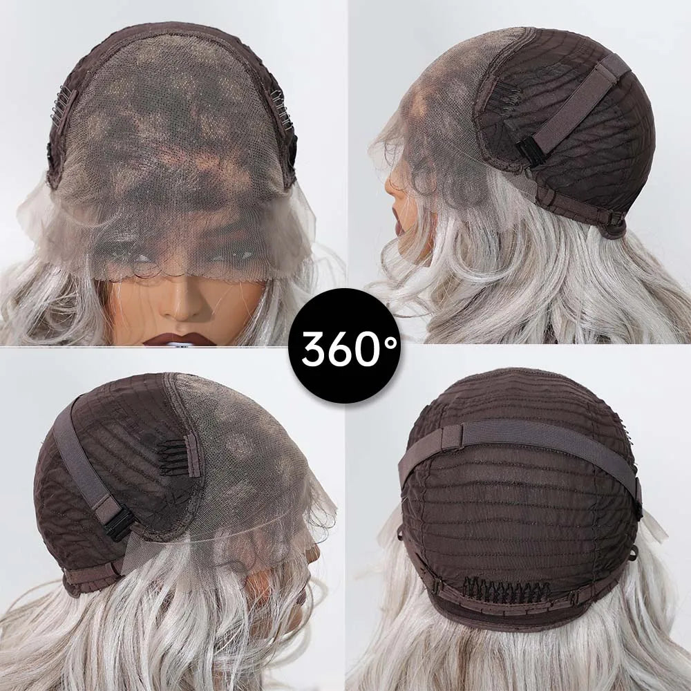Gray White Highlight Synthetic Wigs 13*6 Transparent Swiss Lace Frontal Wigs Body Wave Long Curly Wigs for Women Elder Mommy Wig