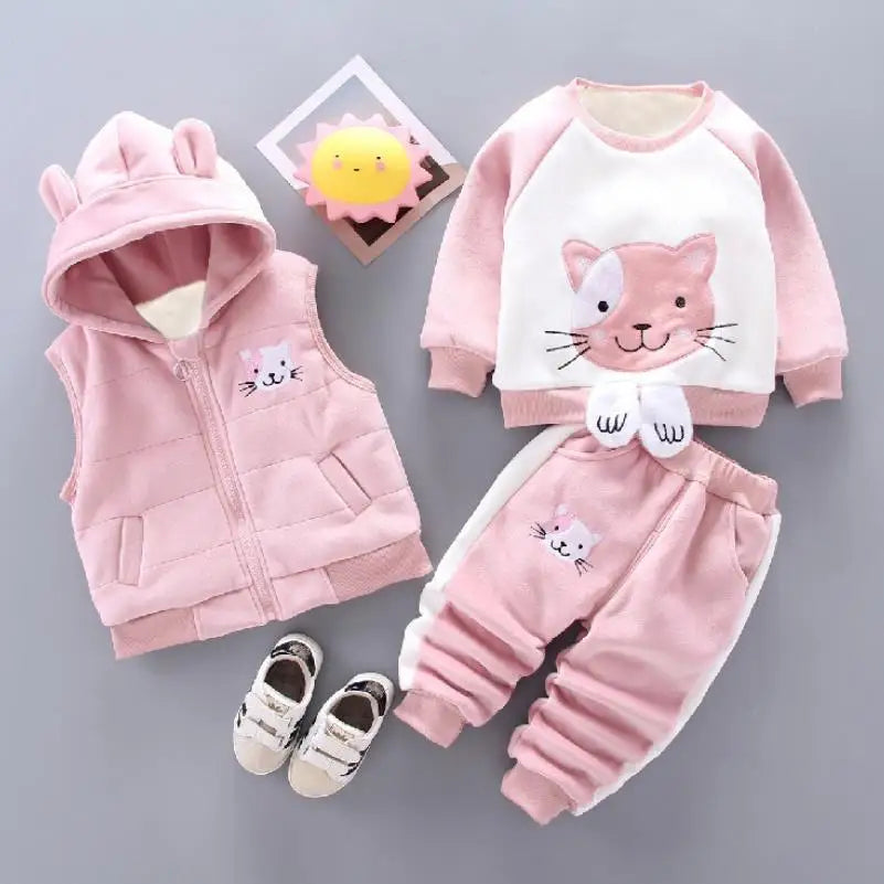 Baby Boy Suit 2026 Boys and girls Autumn Plush Thick Warm Casual Hooded Sweater Winter Cartoon Cute Bear Three-Piece Suit 0-4Y
