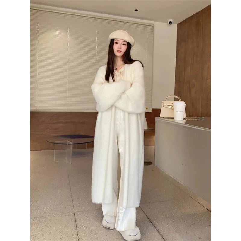 023 Autumn/Winter Lazy Style Loose Knee Length Thickened Pure Imitation Mink Fleece Knitted Sweater Cardigan Coat Women's Coat