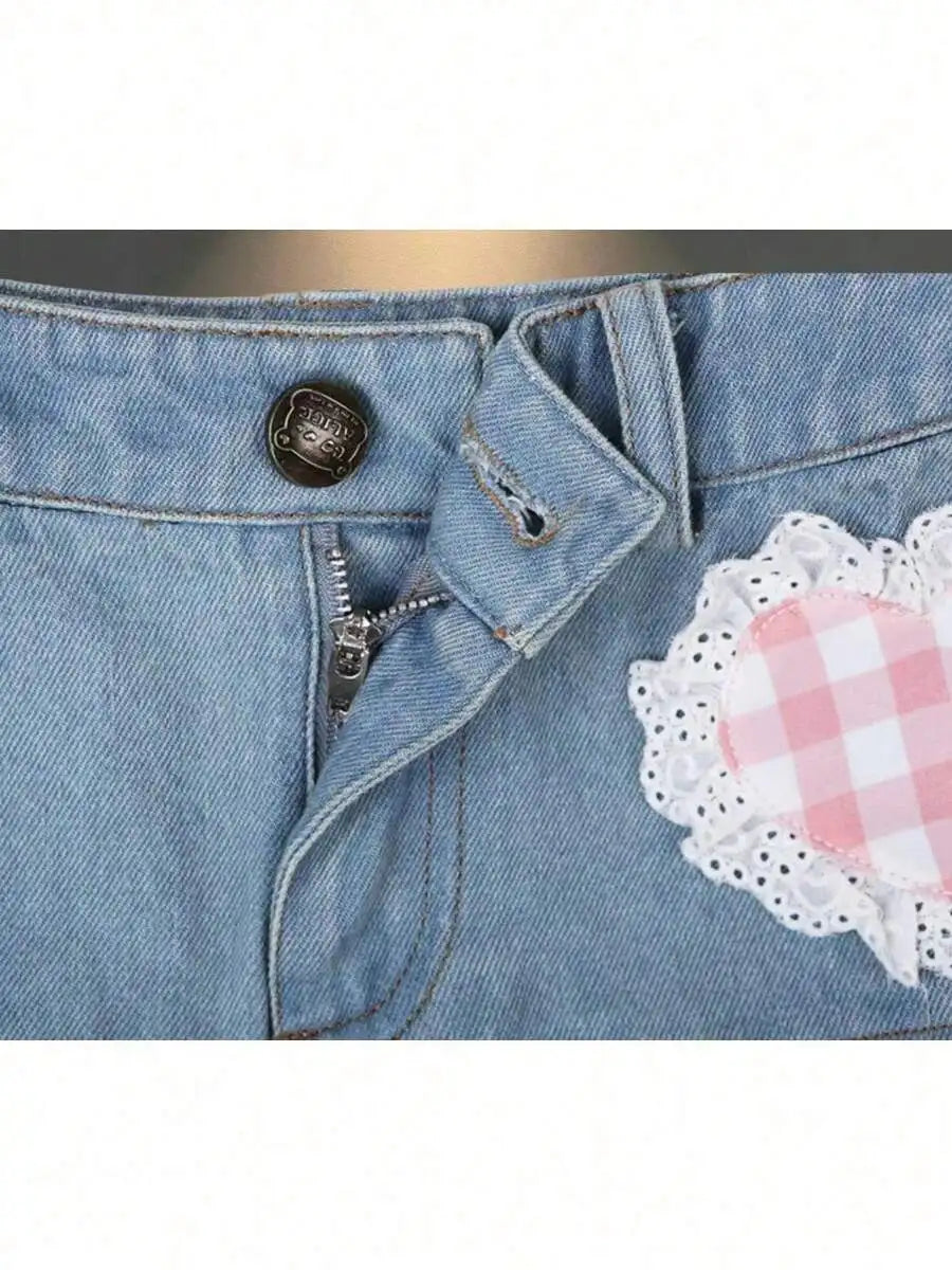 Womens Denim Pleated Skirt With Gingham Ruffles And Bow Detail