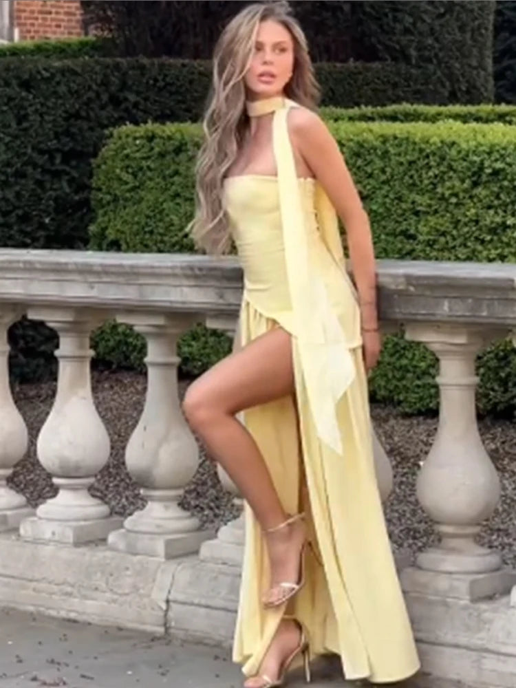 Butter Yellow Mesh Splicing Long Dress Elegant Strapless Split Backless Pleated Gowns For Women 2026 Lady Evening Party Gowns
