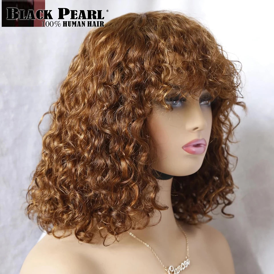 Human Hair Wigs with Bangs Curly Human Hair Wig Ombre Short Wigs Deep Curly Bob Wig with Bangs Highlight Blonde Glueless
