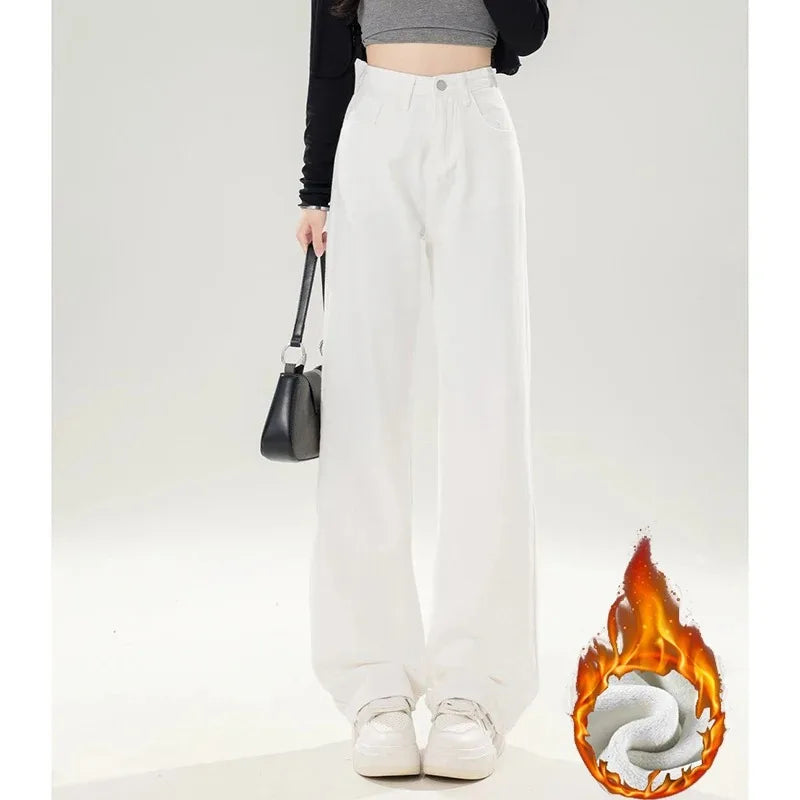 Winter Korean Fleece Thermal Straight Women's Jeans Girls Snow Warm Casual High Waist Denim Pants Lady Daily Loose Leg Trousers