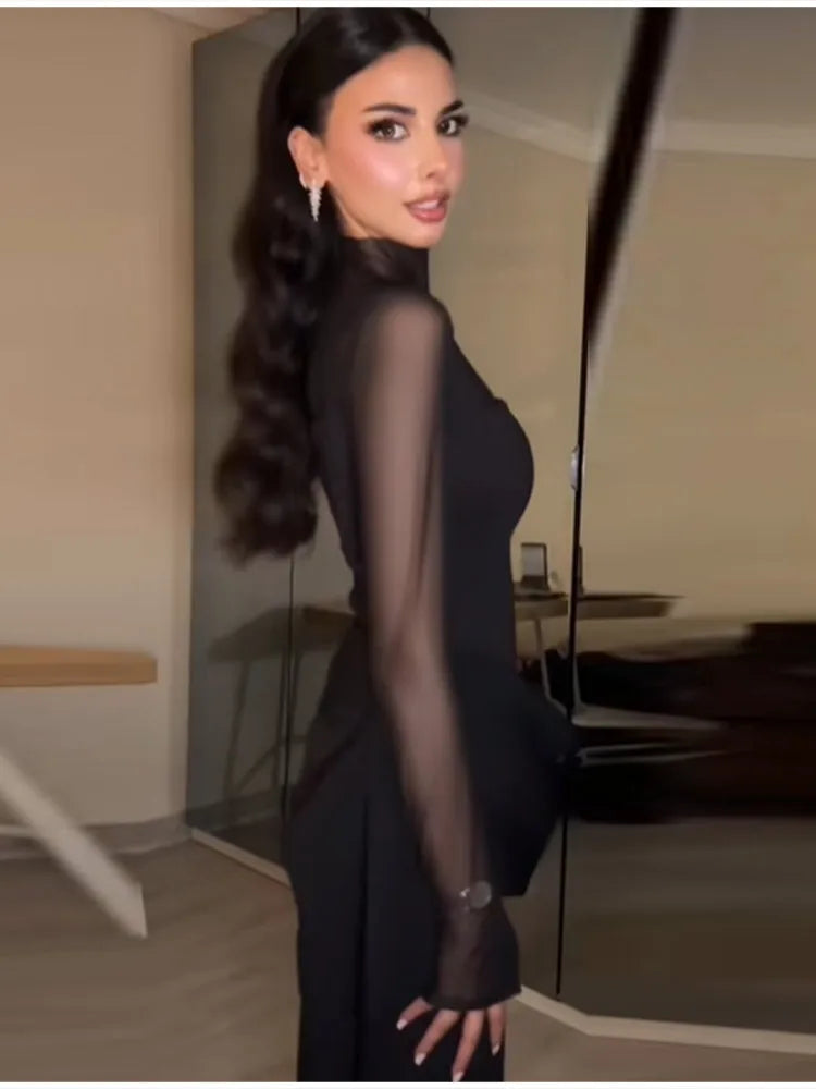 Women's Elegant Semi-high Neck Bodycon Maxi Dress Exquisite Mesh Insert Evening Party Gown 2026 Casual Contrast Sleeve Vistidos