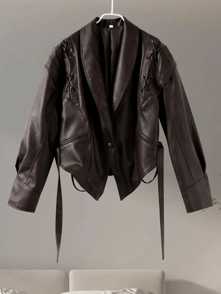 Women Leather Bomber Jackets Coats With Belt Notched Shoulder Pads Motorcycle Street Chic Short Outwear Fashion Solid Lace Up