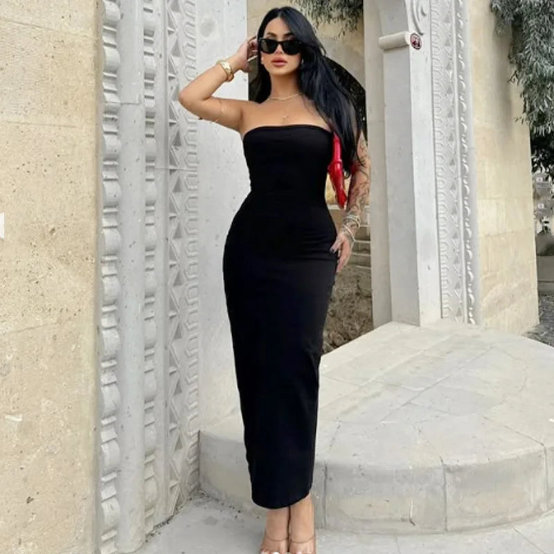 HXAO 2026 Womens Strapless Dresses Summer Off White Black White Dress Midi Ruffled Off Shoulder Backless Dress Prom Vestidos 066