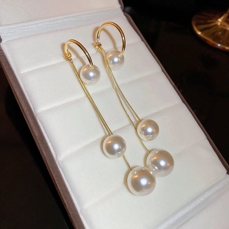 French Elegant Temperament Imitation Pearl Drop Shaped Long Earrings Party Premium Accessories for Womens Fashion Luxury Jewelry