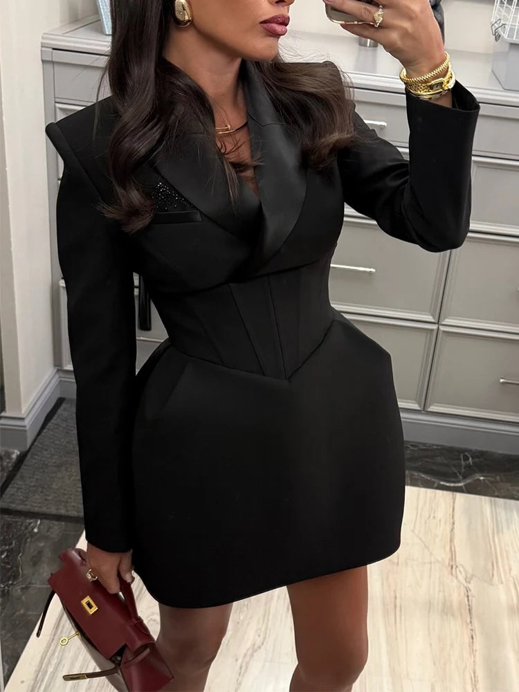 Black Cinched Waist A-line Dress Women Elegant V-neck Shoulder Pads Long Sleeve Mini Dresses 2026 Lady Chic Party Evening Gown