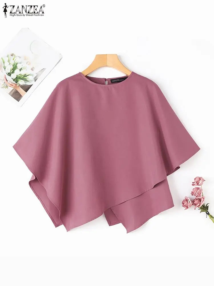 ZANZEA Women Fashion Blouse Chic 3/4 Sleeve Ruffle Hem Top Shirt 2026 Summer Round Neck Loose Blusa Elegant Irregular Work Tunic