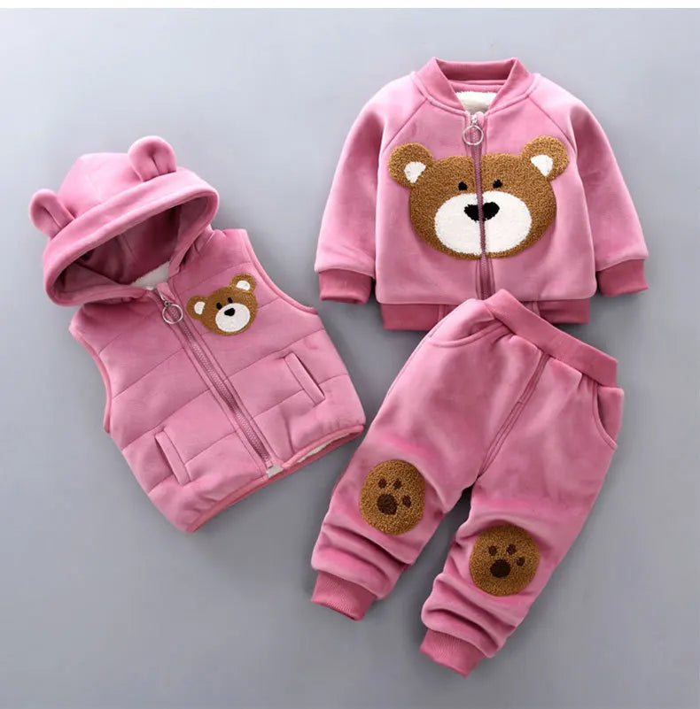 Baby Boy Suit 2026 Boys and girls Autumn Plush Thick Warm Casual Hooded Sweater Winter Cartoon Cute Bear Three-Piece Suit 0-4Y