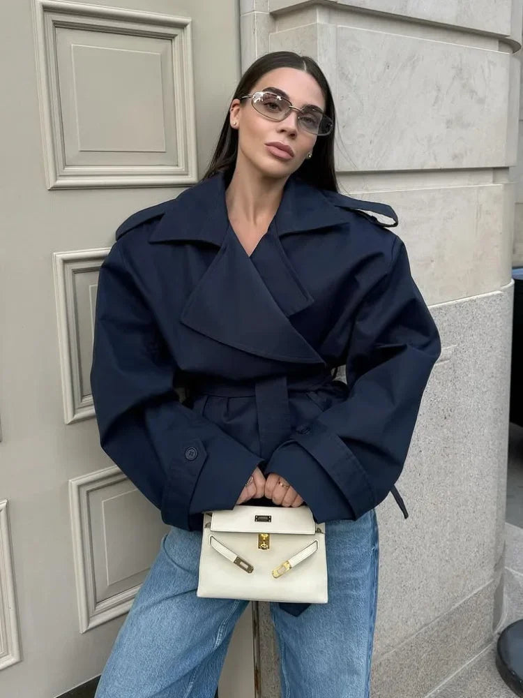 Women Lace Up Loose Trench Coat Fashion Long Sleeves Lapel Wide Shoulder Oversized Windbreaker Lady Commute Street Outerwear