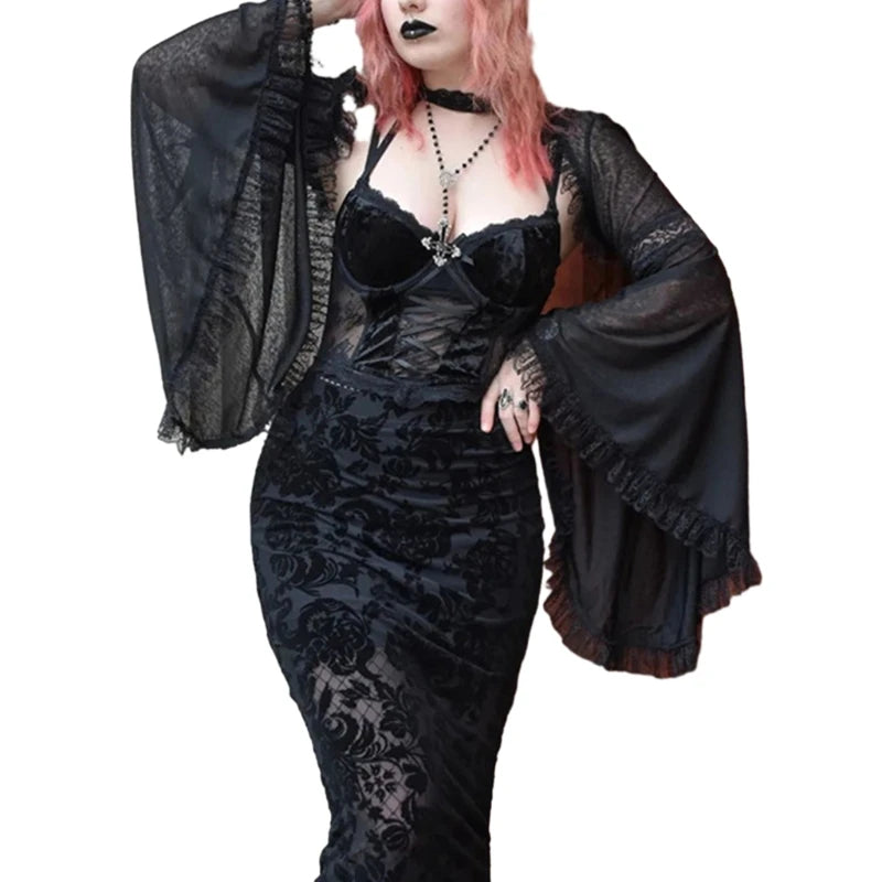 Gothic Lace Long Sleeve Victorian Half Shirt Crop Top Vintage T Shirt for Women