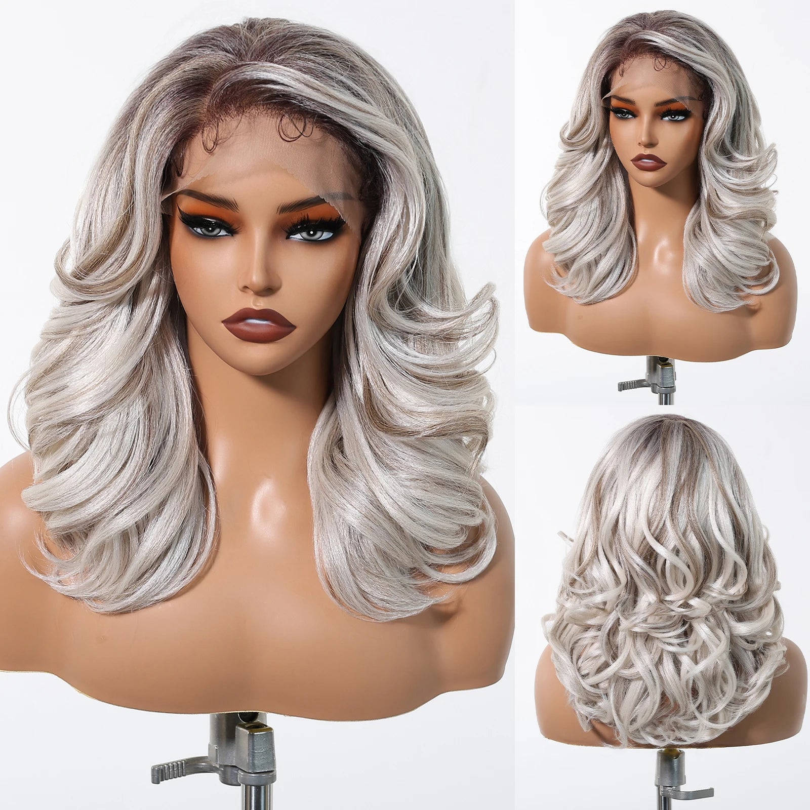 Gray White Highlight Synthetic Wigs 13*6 Transparent Swiss Lace Frontal Wigs Body Wave Long Curly Wigs for Women Elder Mommy Wig