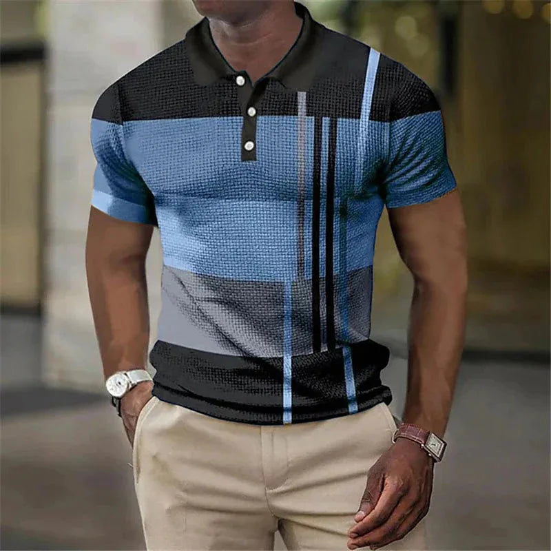 Summer Color Block Striped 3D Print Polo Shirts Men's Fashion Streetwear Button Lapel Short Sleeve Shirt Tees Tops Man Clothing