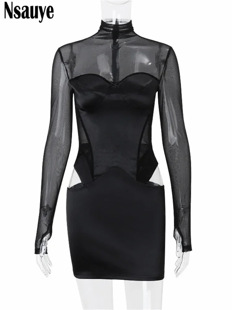 Nsauye Pullover Sexy Women Mesh Turtleneck Long Sleeve Satin Cut Out Dress Bodycon Short Club Evening Fashion Party Dress 2026