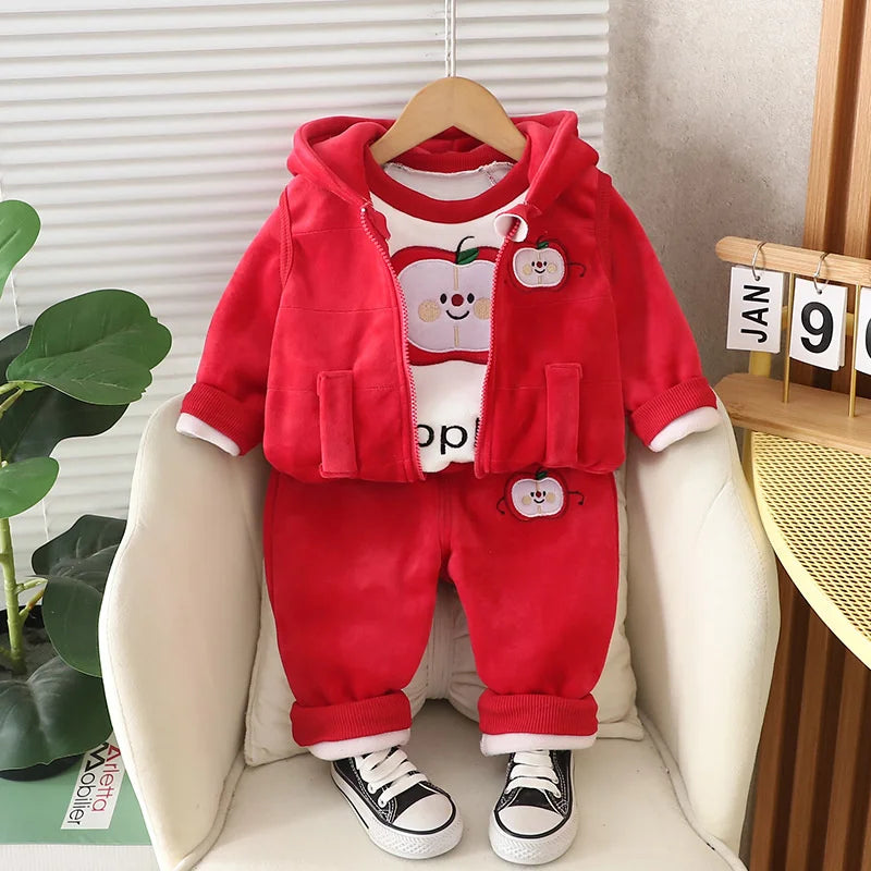 Children Warm Clothing Sets Winter Plus Velvet Thick 3Pcs Outfits Cartoon Bear Baby Boys Girls Sport Tracksuit Suits 1-4 Years