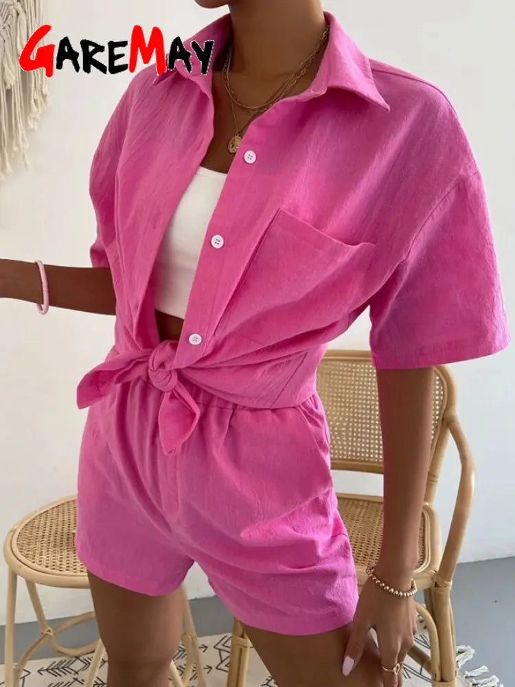 Women's Cotton Suit  Short Sleeve Casual Elegant Green Soild Two Piece Set Women Outfit Suit Shorts and Shirt for Women